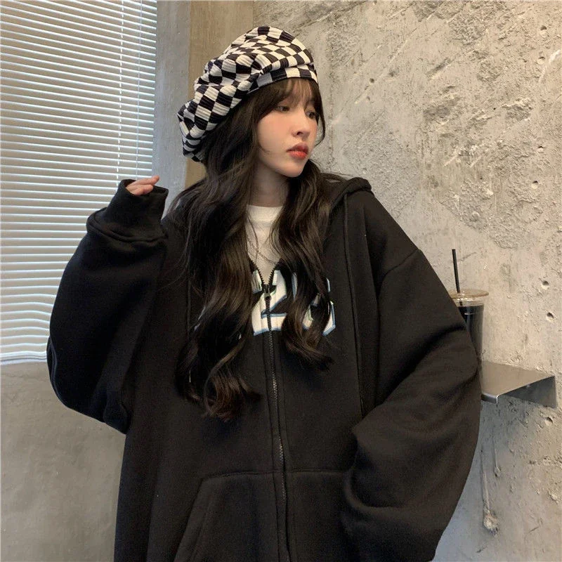 2024 Y2k Autumn Winter Sweatshirt Hoodie Oversize Korean Hooded Cardigan Sweatshirts Gray Women Clothes Solid Zip Up Hoodies