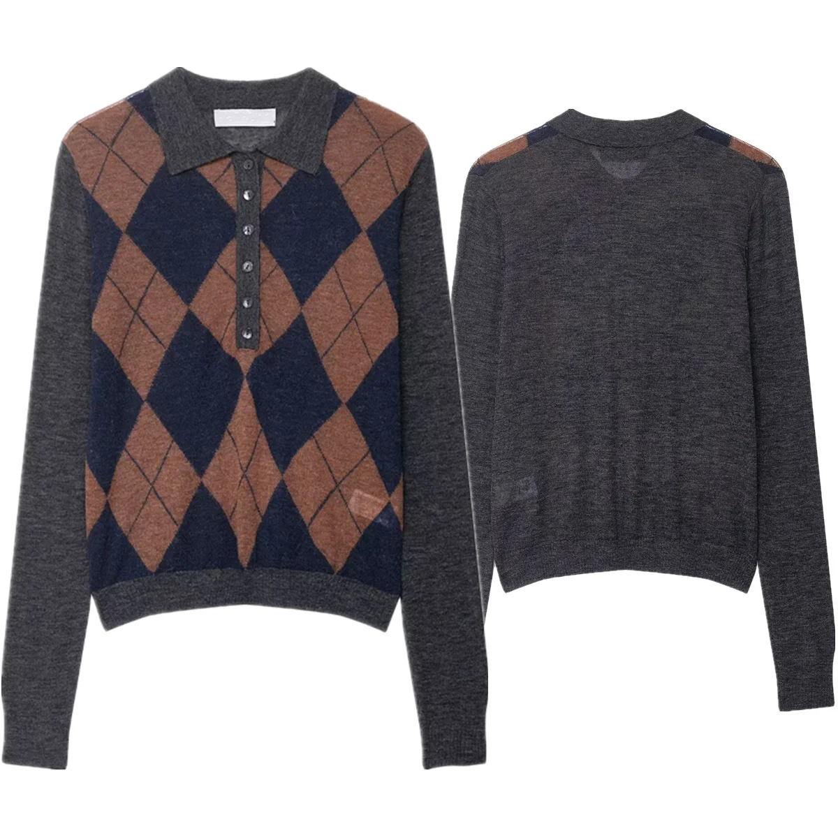 

Maxdutti French Minimalist Vintage Women's Diamond Pattern Jacquard Long-sleeved T-shirt Knitwear Sweaters Polo Collar Pullover