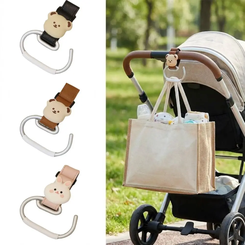 Cute Bear Design Stroller Hooks Non-Slip Large Carabiner Clips Stroller Clips Leather Material Strap Hanger Stroller Accessories