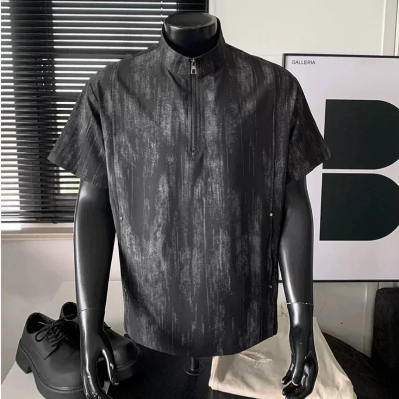 American-style rivet tie-dyed ice silk cool feeling short-sleeved T-shirt for men, summer regular shoulder half-zip stand-up col