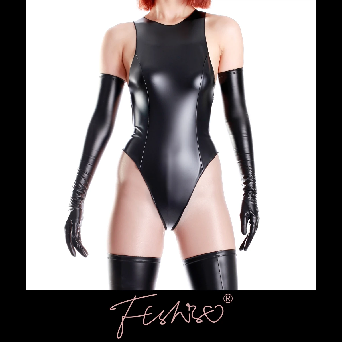 

Ftshist Sexy Wet Look Bodysuits PU Leather Bodycon Matte Black Japanese Swimsuits Latex Glossy Halter Neck Body Top Fetish