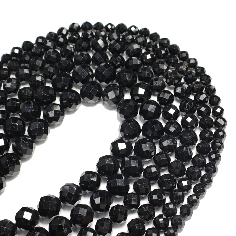 Fine 100% Natural Stone Faceted  Black Tourmaline Round Gemstone Spacer Beads For Jewelry Making  DIY Bracelet Necklace 6/8/10MM