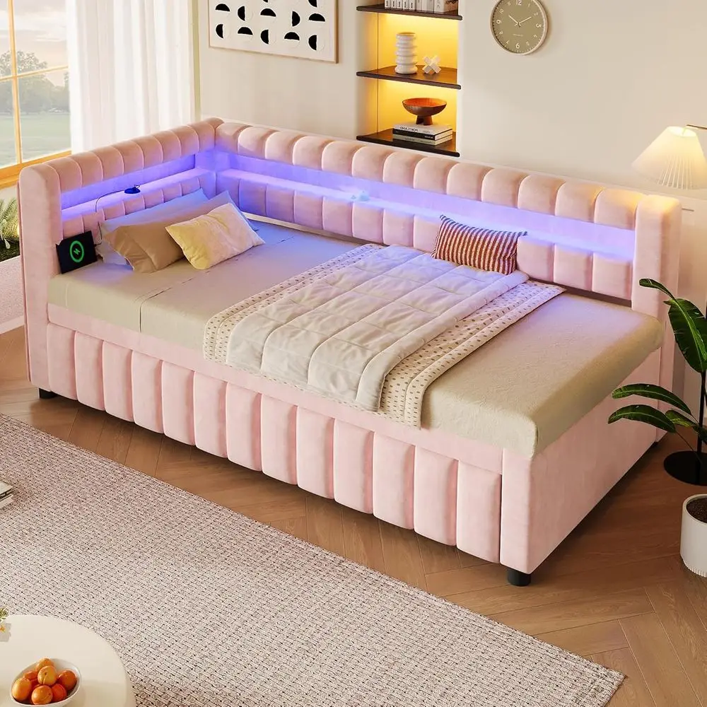 SOTSEA Twin XL Daybed with Trundle, Upholstered Bed with LED Lights and USB Ports, Twin XL to King Daybed e or Kids Teens, Wood view 4