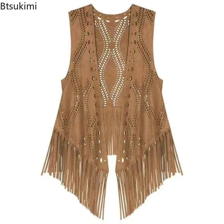 Women Retro Faux Suede Fringe Vest Sleeveless Open Front Waistcoat Vintage Western Cowboy Style Summer Travel Beach Outerwear