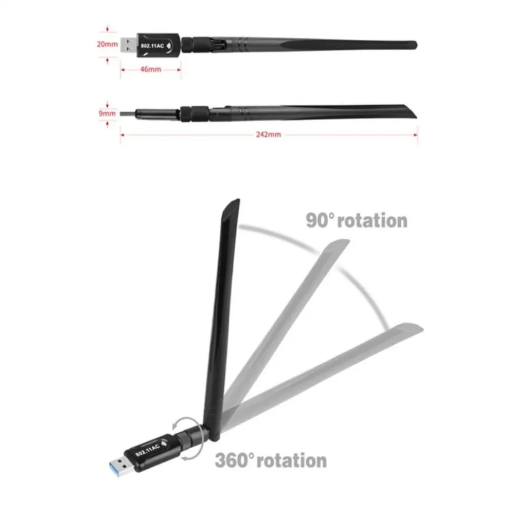 Dual Band USB WiFi Adapter, 2.4GHz, 5GHz, USB, placa de rede sem fio com antena, AC 1200Mbps, receptor para computador PC
