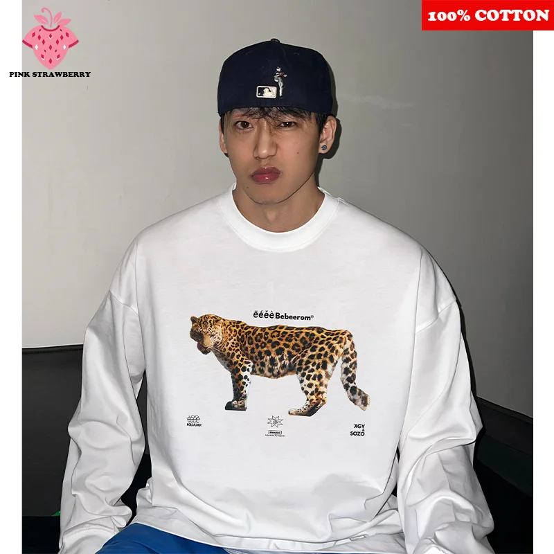 

Leopard Print White Long sleeve T-shirt Men Autumn Winter 2025 New 100%Cotton American Street T-shirt Loose Y2k Top men clothing