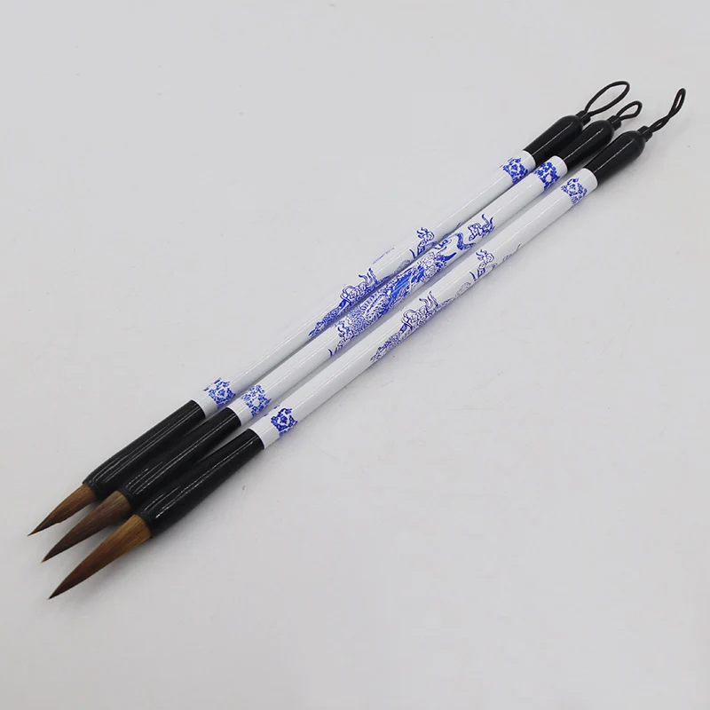 3 Pcs Chinese Writing Brush Set Blue and White Porcelain Pen Holder Traditional Painting Brush Regular Script Calligraphy Pens