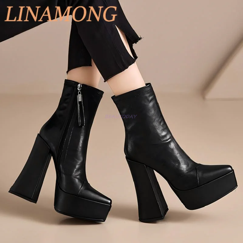 Stivaletti corti con cerniera laterale a punta affilata Tacco spesso Temperamento in pelle lucida Stivaletti corti versatili Stivali con tacco alto con suola spessa