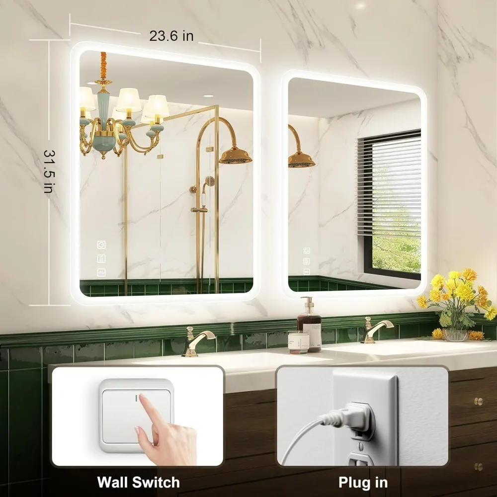 LED-Bathroom-Mirror-with-Lights, Wall-Mounted with Bluetooth Speaker, 3 Color Temperature, Dimmable Brightness, Waterproof