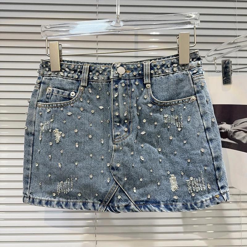 Y2K New Rhinestone Denim Skirt Women Gothic Sexy Hottie Low Waist Slim Hip Skirt Harajuku Fashion Light Blue Mini Straight Skirt