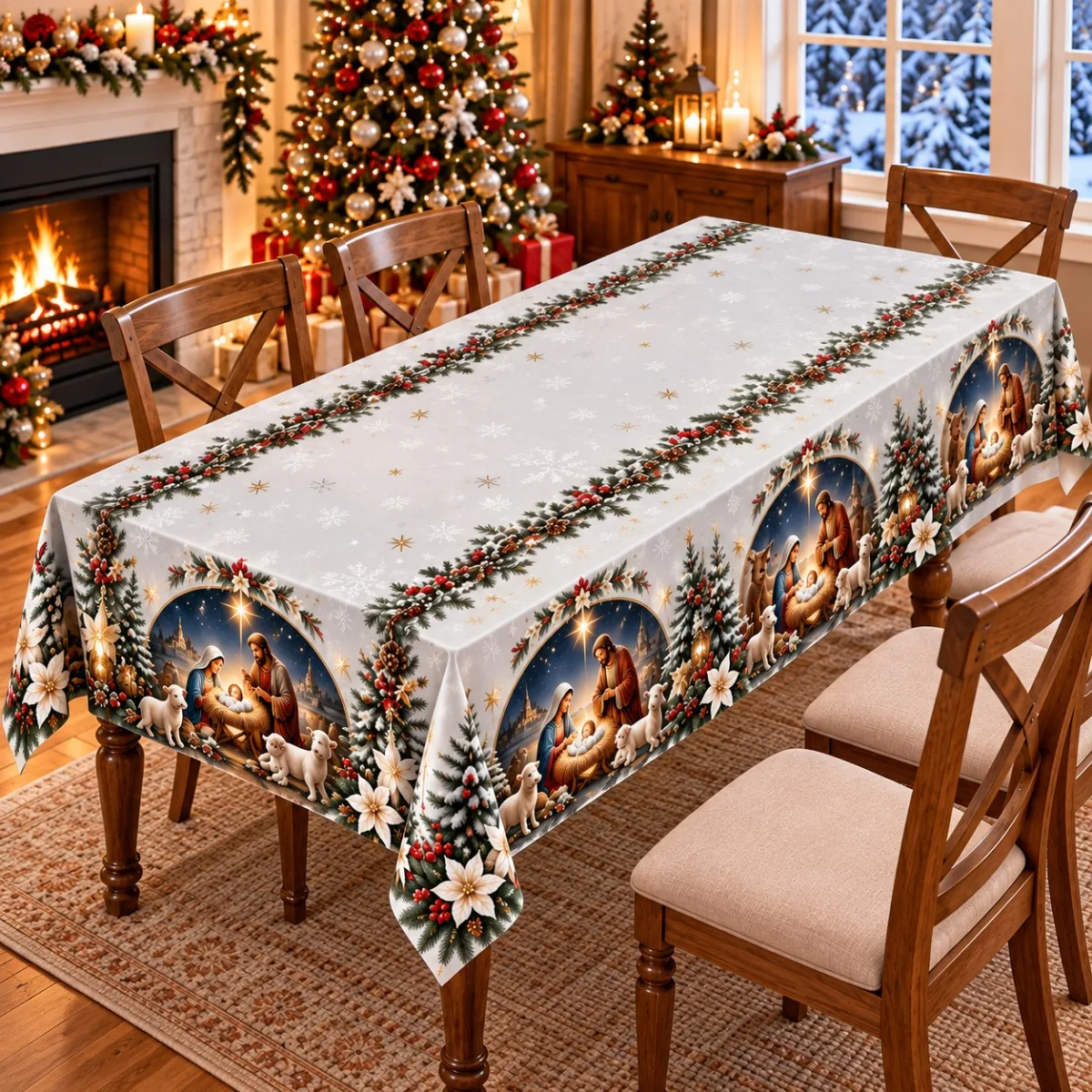 1 square tablecloth, nativity scene print polyester tablecloth, red fruit snowflake night manger pattern