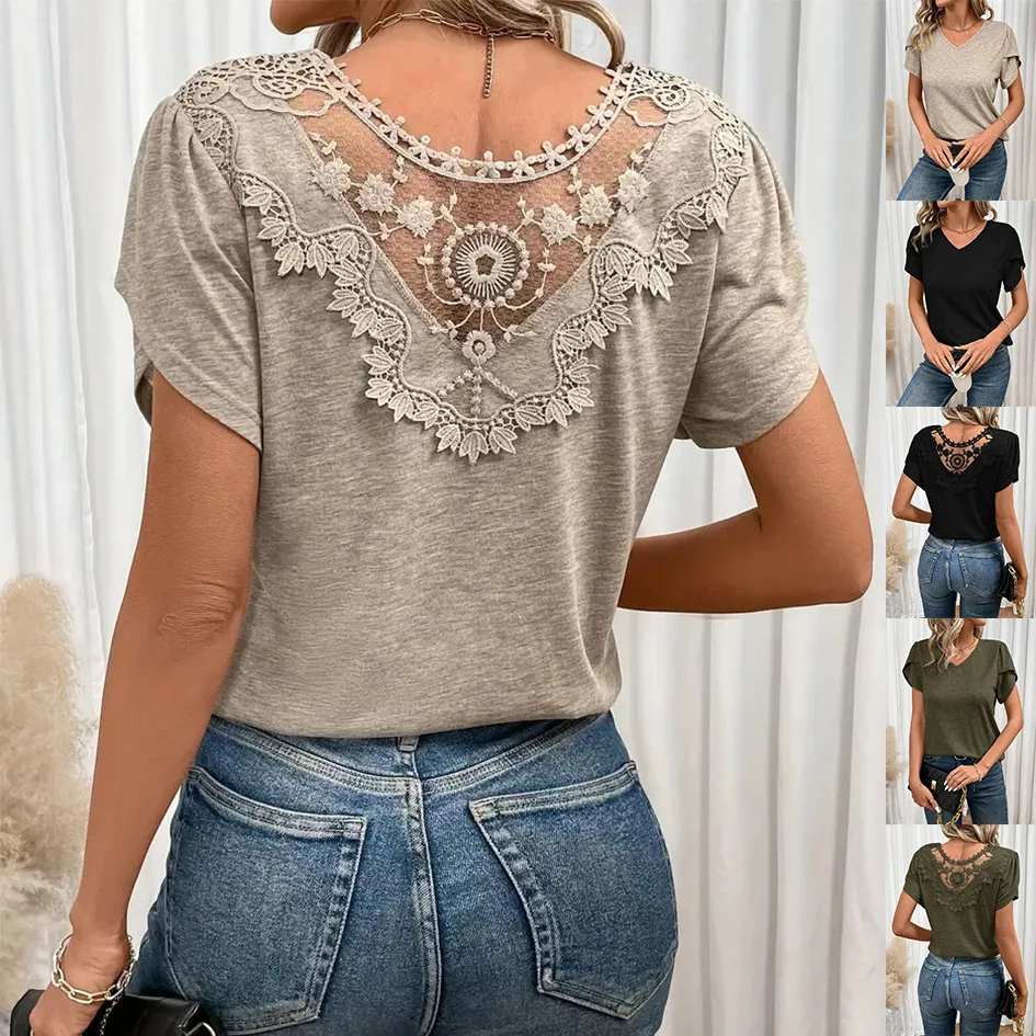 New 2026 Summer Women's Short-sleeved T-shirt V-neck Lace Hollowed Out Spliced Fashion Top Casual Tees
