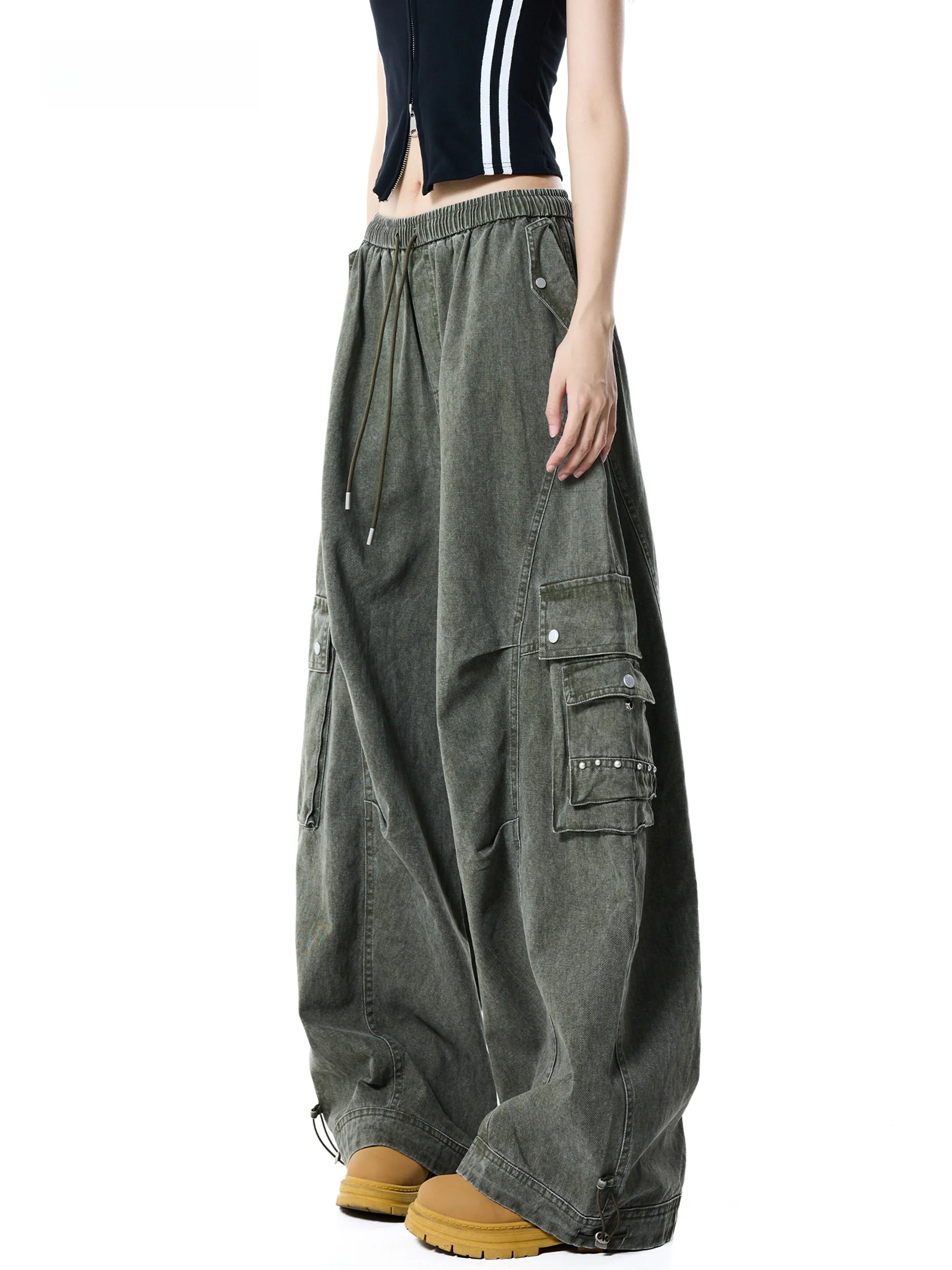 American Style Military Green Wide Leg Pants Women's Loose Elastic Waist Multi Pocket Casual Long Trousers Trendy Workwear
