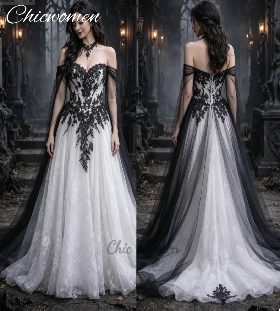 

Fairytale Black white Wedding Dress Off Shoulders Halloween Elopement Bohemian Civil Bridal Gown Vampire Romantic Court House