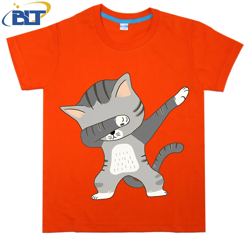 Dabbing Cat Printed Kids T-shirt Summer Cotton Short Sleeve Casual Tops Suitable for Boys and Girls