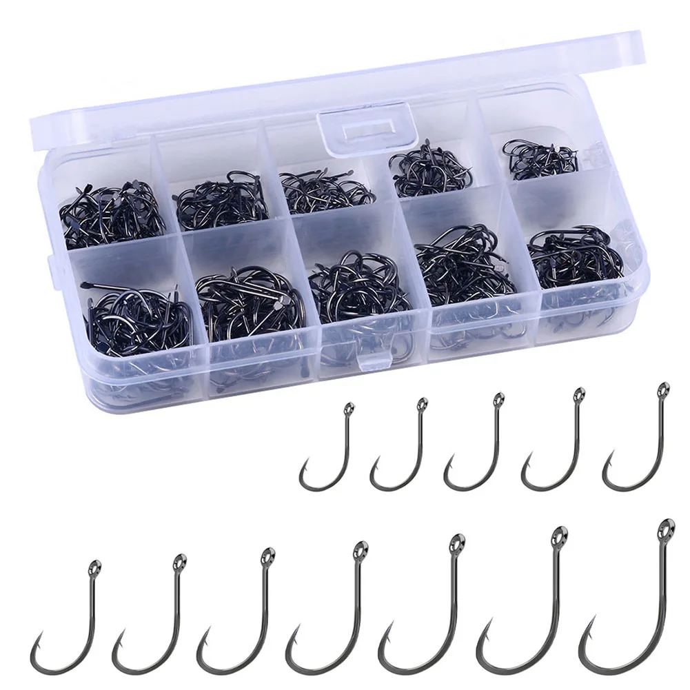 

500pcs Barbed Fishing Hooks With Holes 10 Sizes Sharp Hooks With Barbs For Freshwater Seawater 3-12#