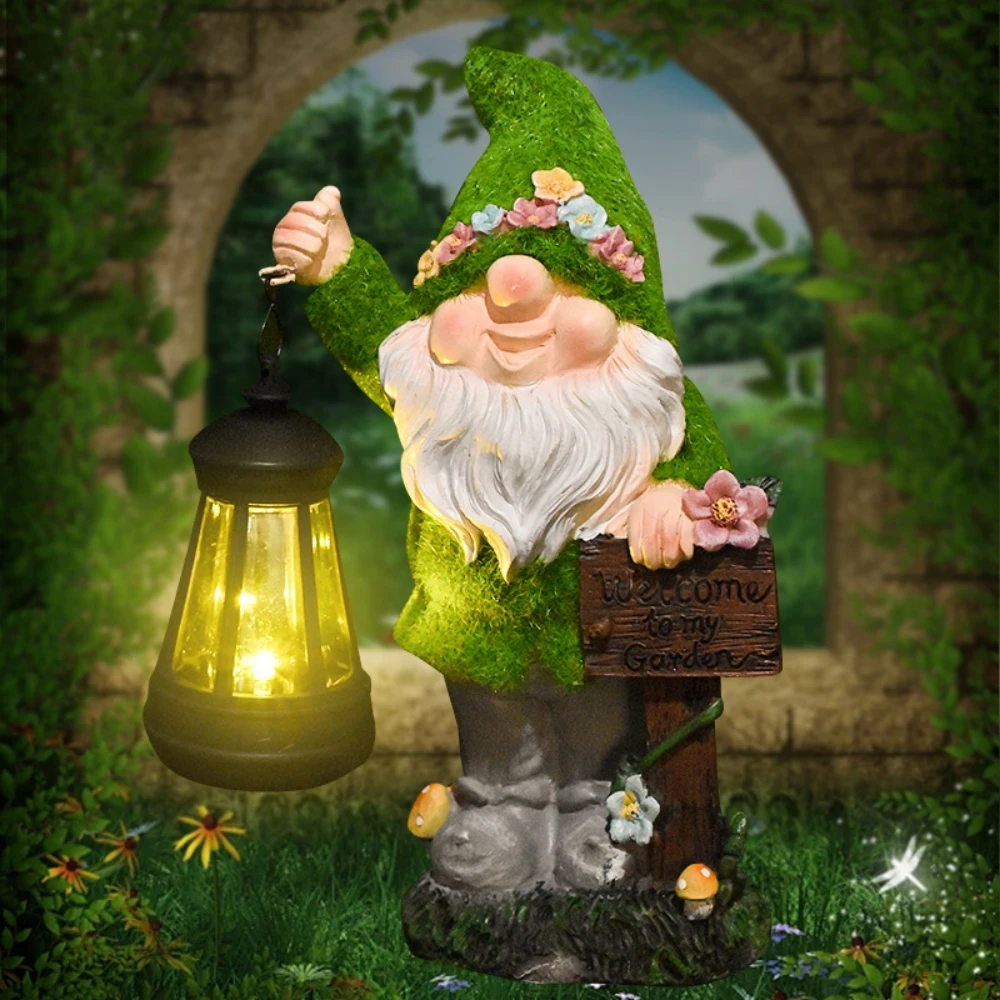 

Flocking Gnome Statues with Solar Lantern Outdoor Resin Ornament Easter Garden Gnomes Funny for Yard and Patio Decor