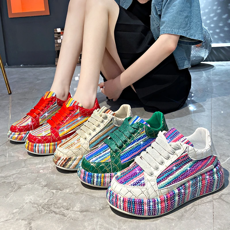 Fashion Sneakers Women Trend 2024 New High quality Platform Lace Up Rhinestone Women Casual Shoes Fashion Shiny Ladies Shoes