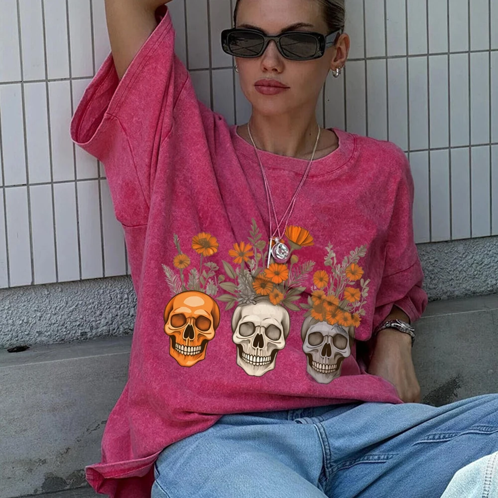 

Unisex Vintage Washed Tee Geometric Pattern Demon Smile Oversize T-Shirt Overseas Export Cheap Items Round Neck Streetwear