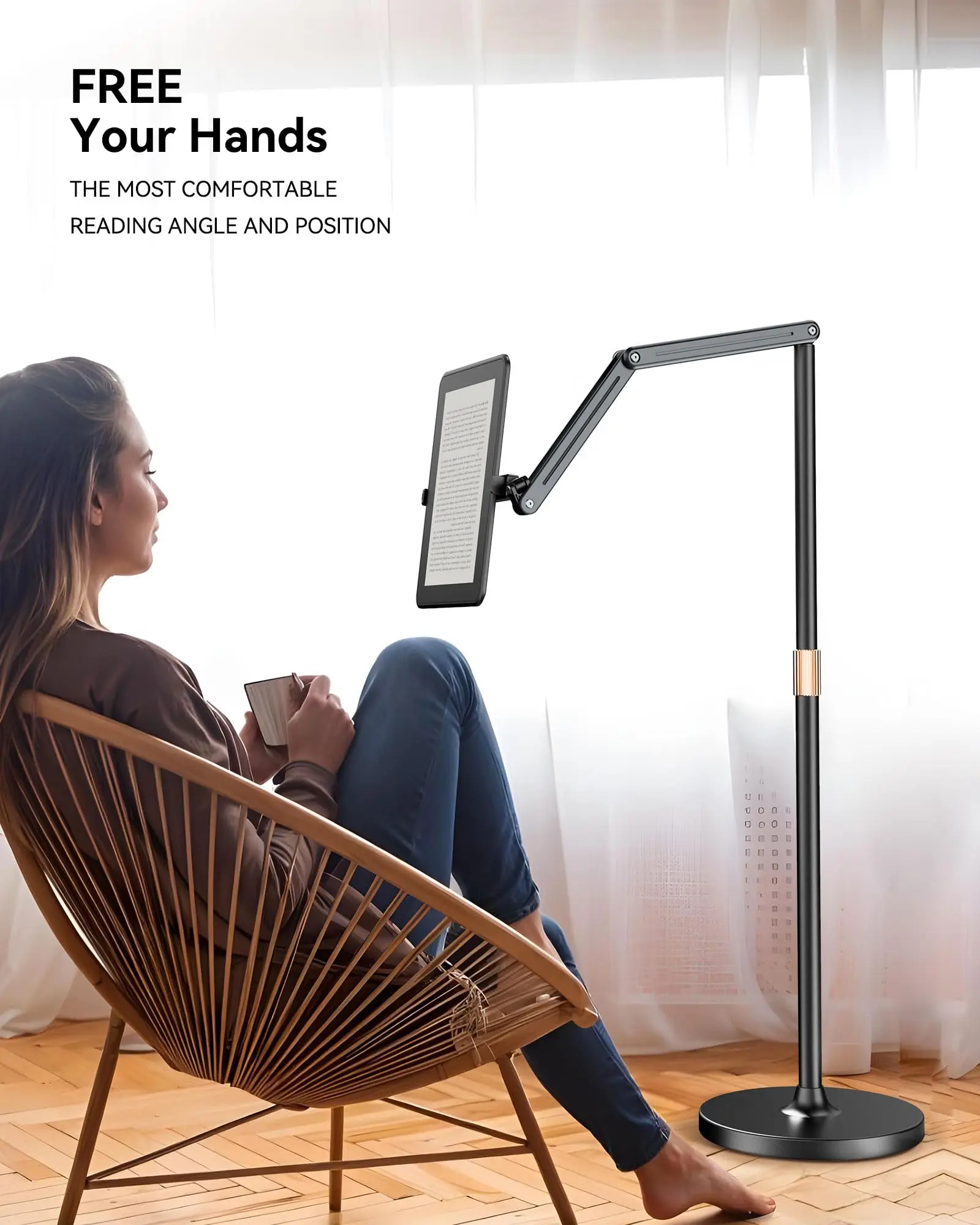 Aluminum Alloy Tablet Floor Stand Height Adjustable 360° Rotation Floor Mount, Compatible with iPad Pro/Air/Mini, Kindle, Phone
