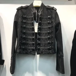 Retro Military Style Handsome Stand Collar Denim Jackets Female Double-breasted Wild Slim Short Denim Jackets Women Outerwear