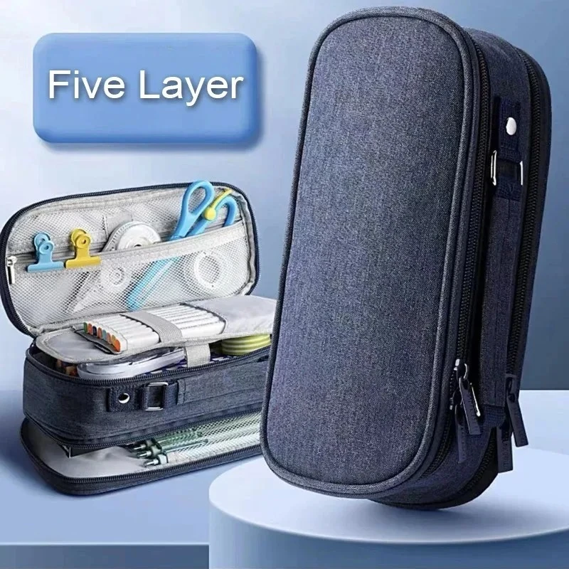 Pen Storage Bag Pencil Case 5 Layer Large Capacity Cosmetic High Quality Study Supplies Simple Student Stationary Boxes