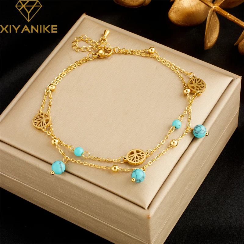XIYANIKE 316L Edelstahl Fußkettchen Armband Bule Zirkon Lebensbaum Anhänger Zubehör Doppel Kette für Frauen Schmuck Pulsera