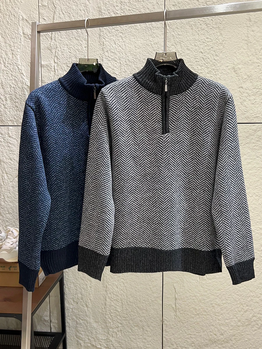 

Nordic Style Knitted Sweater Men's Casual Fleece Lined Half Zipper Stand Collar Sweater Textured Fashion Urban Winter Wear