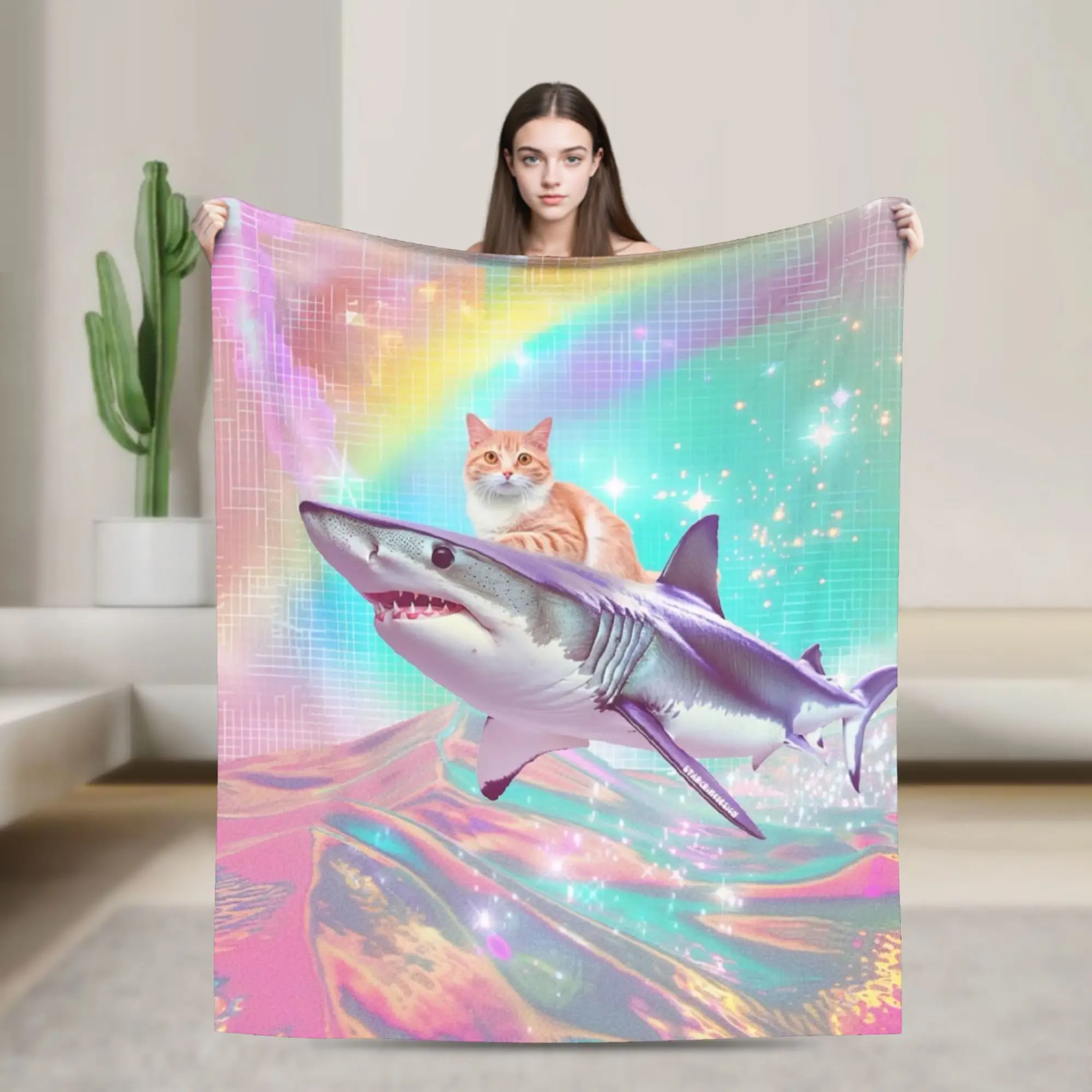 Cat Riding A Shark Frutiger Aero Blankets Velvet Summer Air Conditioning Multifunction Throw Blankets for Home Bedroom Quilt