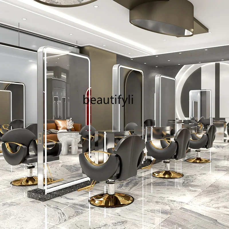 Hair Salon Dressing Table Led with Light Touch Floor Hair Cutting Perm Mirror Barber Shop Double-Sided