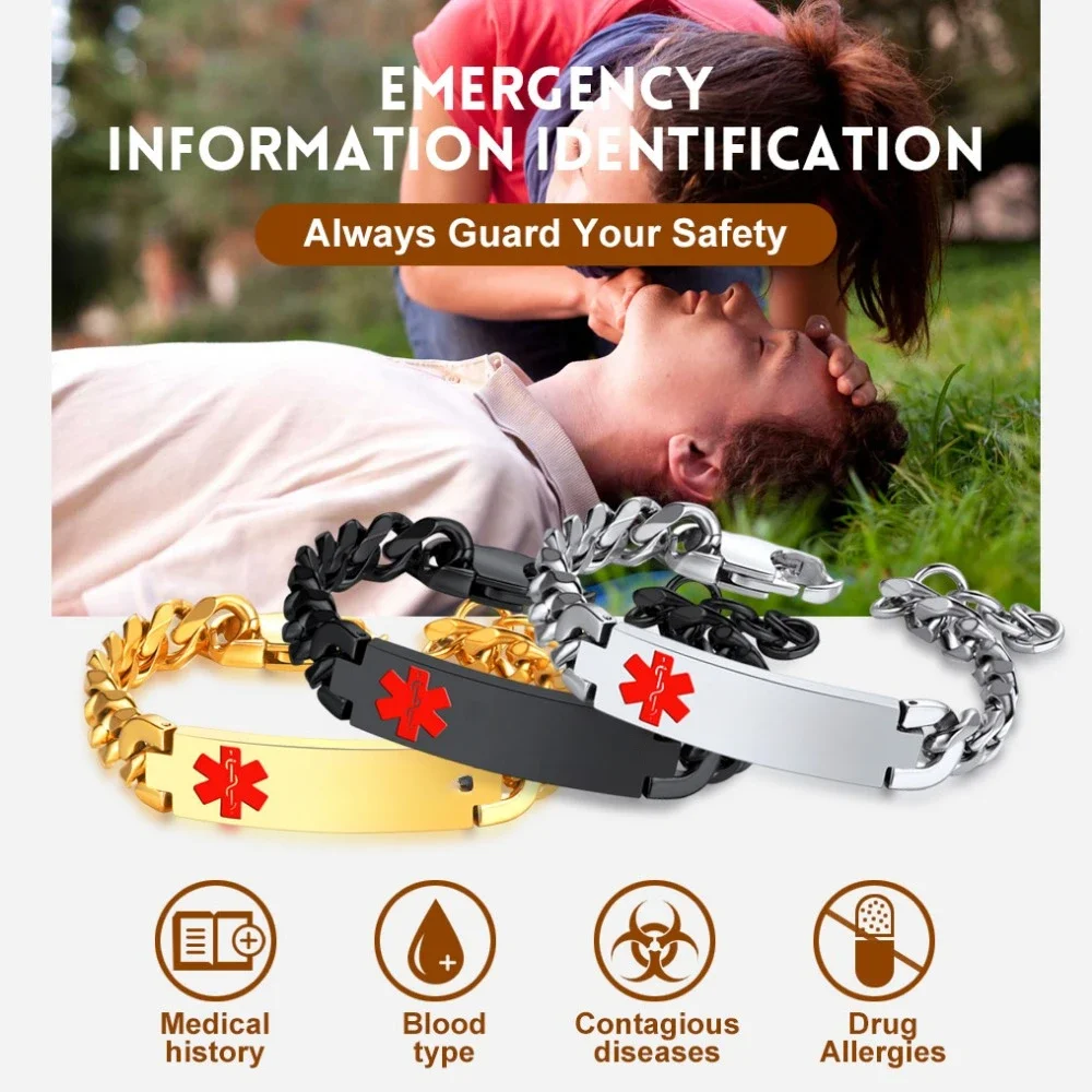 U7 Custom Stainless Steel 17/21 Cm Medical Alert Tag Cuban Chain Bracelets for Men Women Medical Emergency Info Jewelry Gift view 3