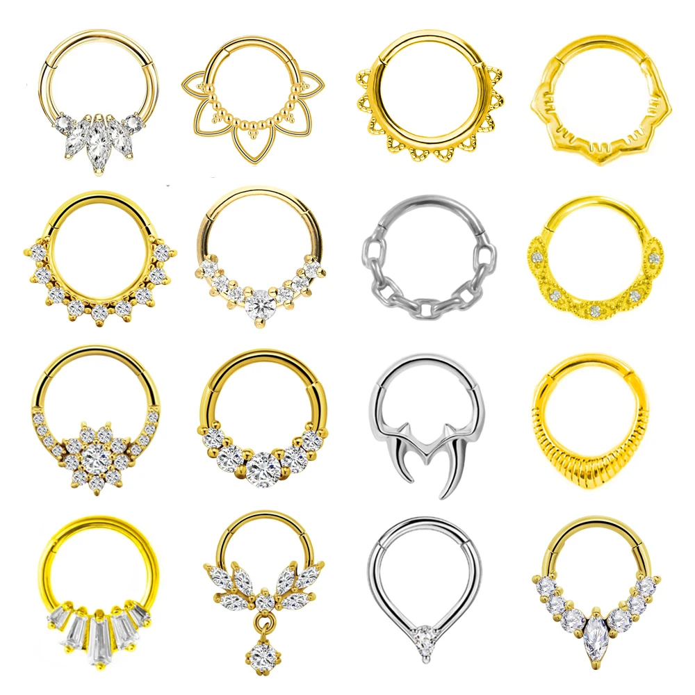 Kwiaty Pierścień do nosa Przegroda 100% Stal chirurgiczna 316L Cyrkonia Clicker Daith Piercing Chrząstka ucha Helix Hoop Kwiaty Krople wody