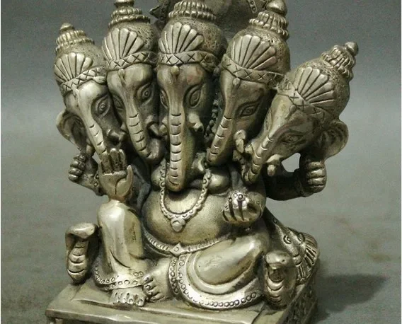 Tibet Buddhism Silver Ganapati Ganesh Lord Ganesha 5 Elephant Head Buddha Statue