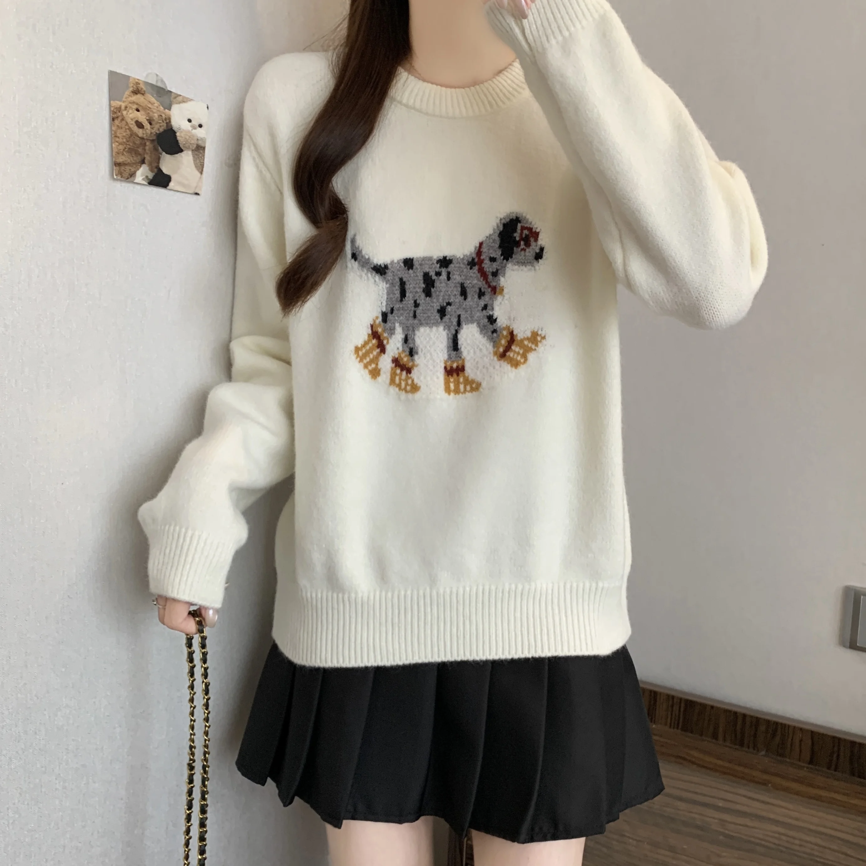 2026 جديد الكورية الكرتون الكلب س الرقبة محبوك سترة المرأة ربيع الخريف بسيط كم طويل فضفاض البلوز بلوزات غير رسمية متعددة الاستخدامات #5