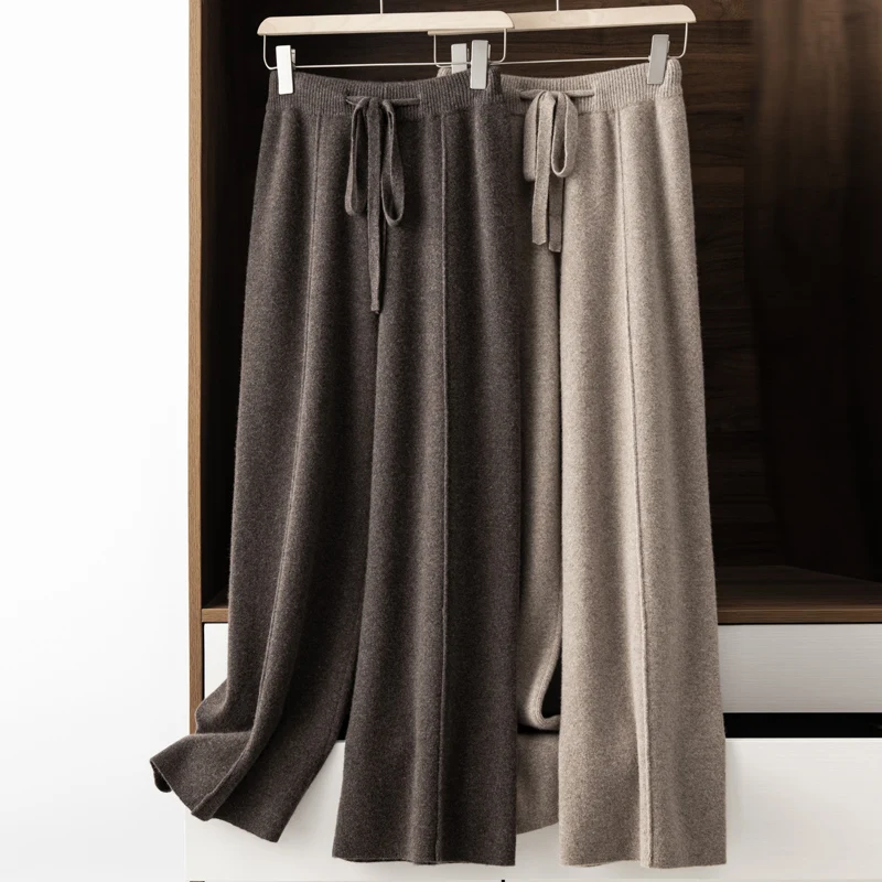 2024 Autumn/Winter New 100% Pure Wool Cashmere Wide Leg Pants Women\'s High Waist Straight Floor Pant Loose Casual Wool Knit Pant