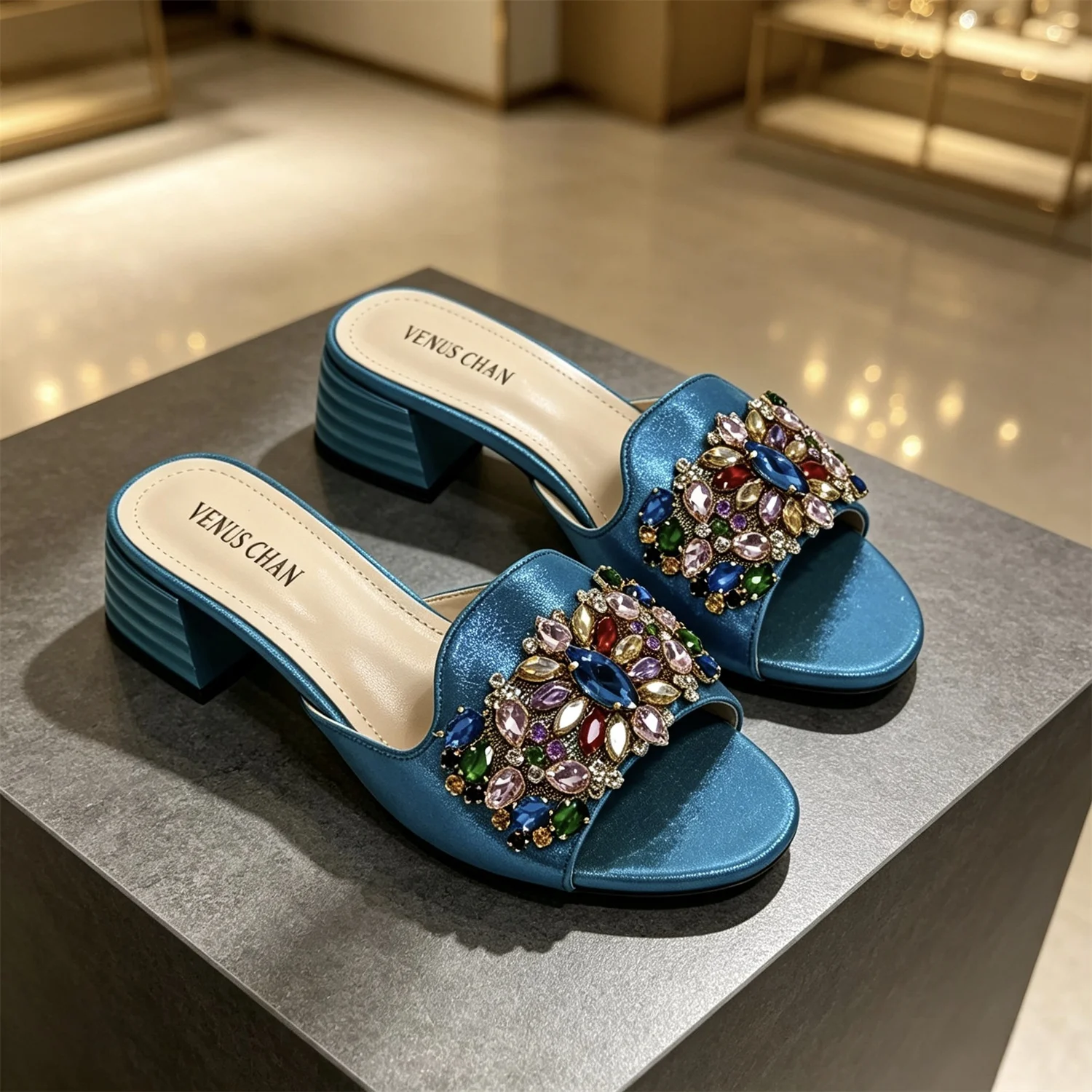 Venus Chan 2026 Luxury Rhinestone Slippers Women Nigerian Style Elegant Flat Sandals Summer Outdoor Comfort Slides