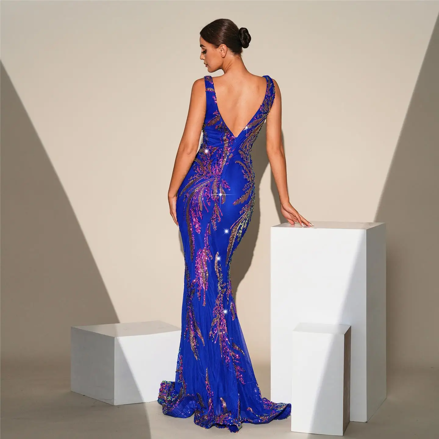 Lungo V-Ne Svel Fi Tail Evening Dr Sexy scintillante Prom Dr Maid of Dr Gonna avvolgente a vita alta da donna