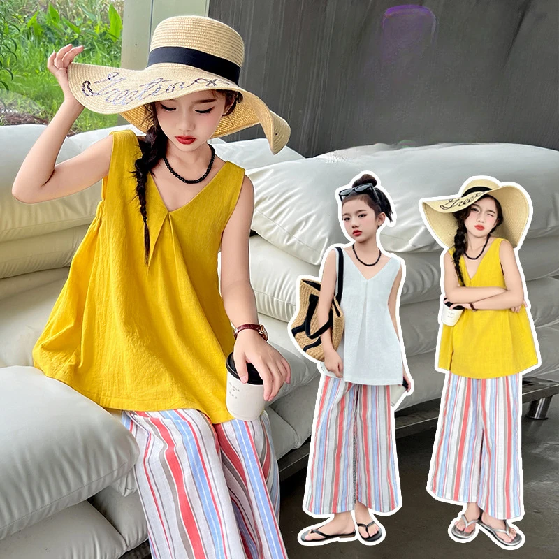 

Girls Suits Children Summer Sleeveless 2024 New Korean Version Fashionable Girls Foreign Style Thigh-wide Pants Two-piece Set