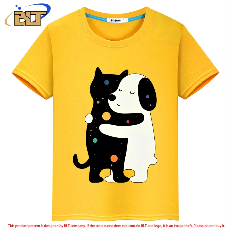 Camiseta infantil de manga curta de abraço de gato e cachorro, tops casuais para meninos e meninas, idioma universal, verão