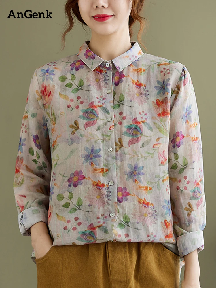 2023 Spring Autumn Fashion Cotton Linen Floral Blouse Women Button Cardigan Shirt Top Female Chemises Elegant Casual Clothes