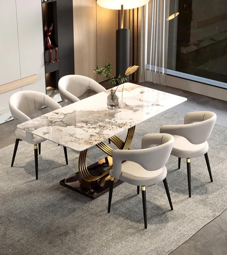 

Italian light luxury small apartment rock slab dining table modern simple stainless steel rectangular dining table