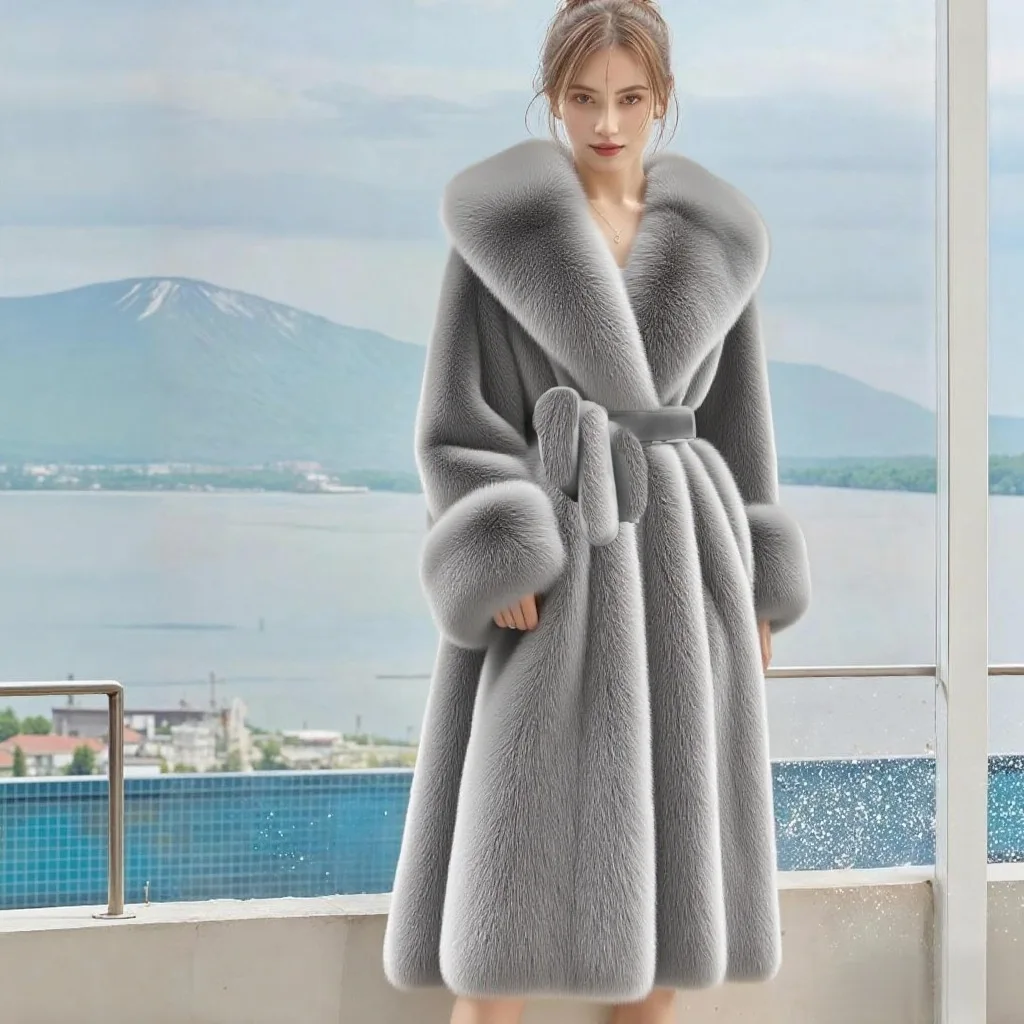 Trench coat feminino de pele de vison falso, comprimento médio, imitação de pele de raposa, gola virada para baixo, jaqueta ecológica, cardigã com cinto