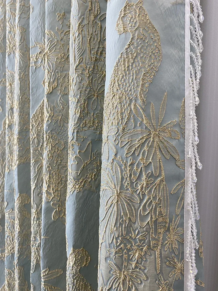 Blue Grey Gold Silk Jacquard Leopard Three-dimensional Relief Curtains for Bedroom Living Room Villa French Window Customized