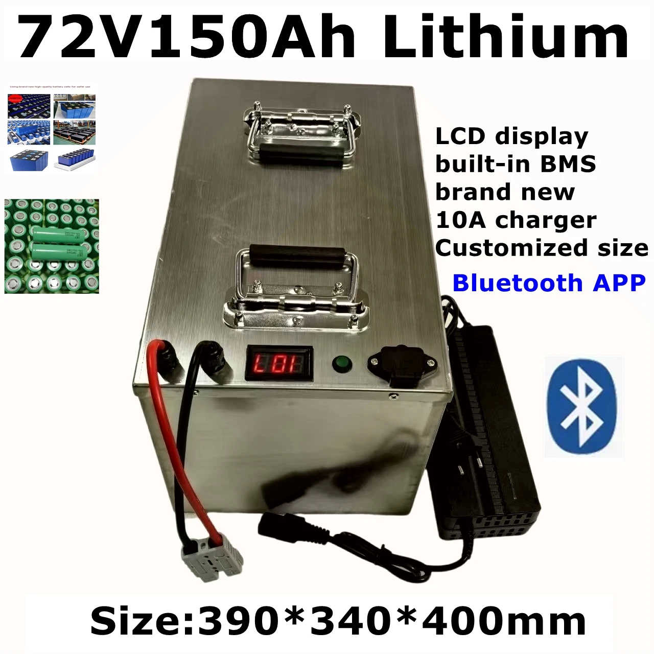 LT-waterproof 72V 150Ah lithium ion battery li ion bluetooth BMS APP for 7000W bike tricycle EV motorcycle scooter +10A charger