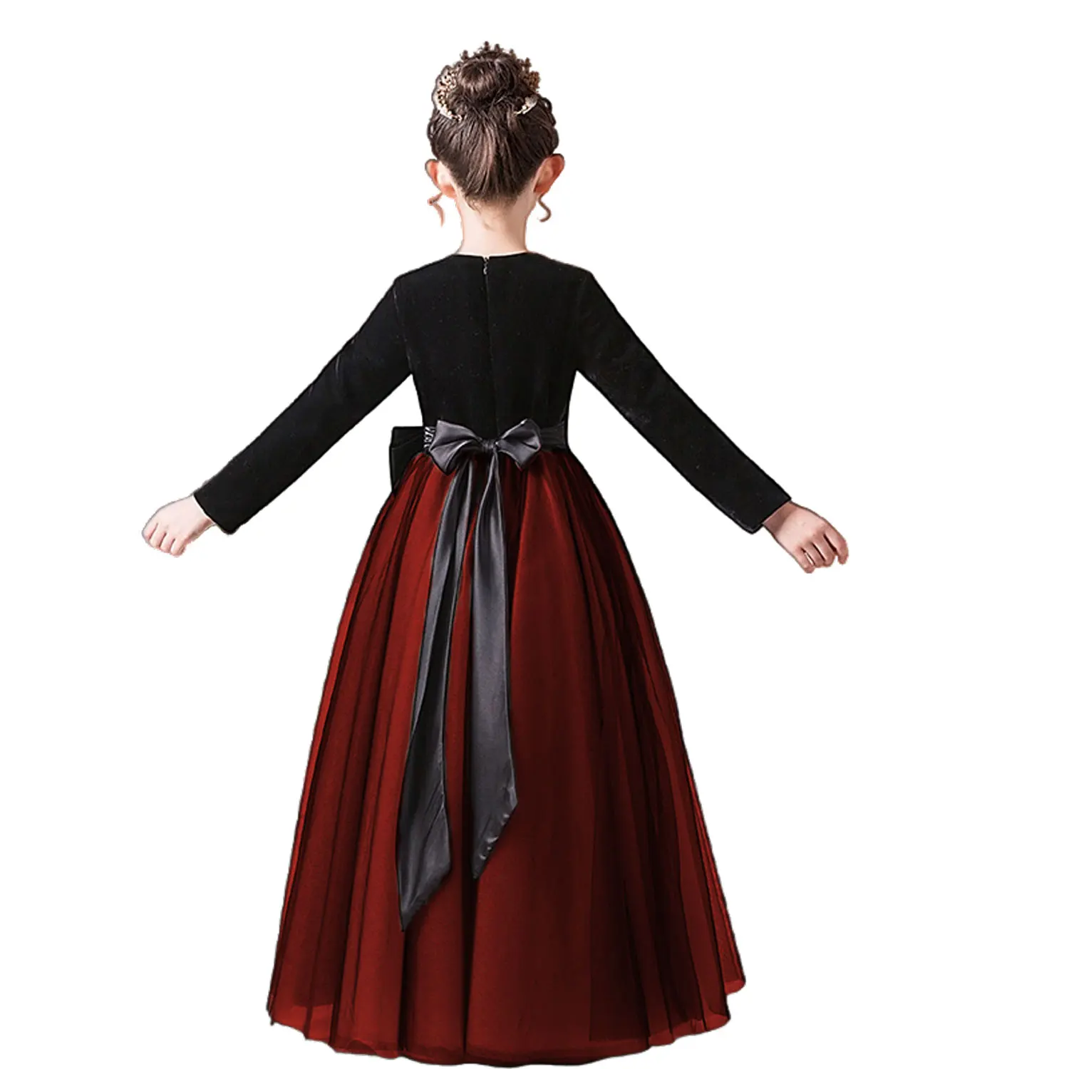 Dideyttawl Long Sleeves Velvet Tulle Girl Dresses Princess Dress For Wedding Birthday Party Junior Pageant Gowns