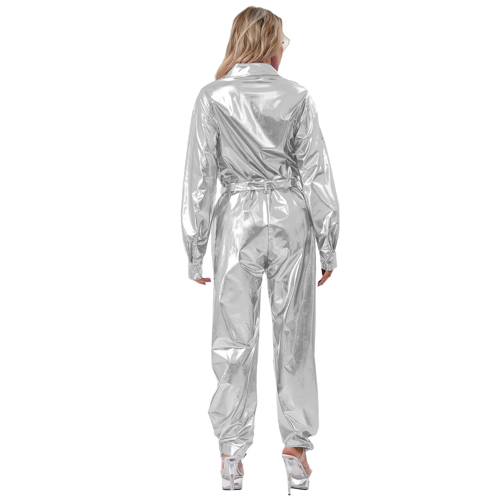 Hochglänzender modischer Damen-Body mit Umlegekragen, vielseitiger metallischer Overall für Disco-Tanz, Rockmusik, Festival