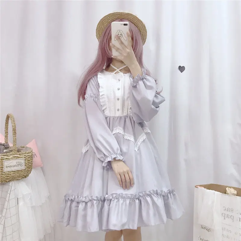 KOSAHIKI Kawaii Lolita Dress Women Japanese Sweet Robe 2024 Auutmn Long Sleeve Ruffle Patch Lace Dresses Girls Cosplay Vestido