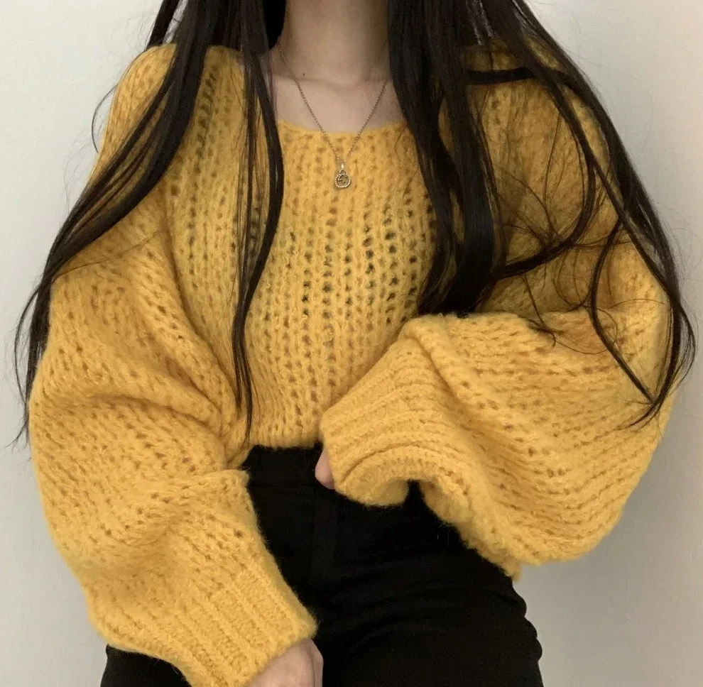 

Versatile Korean Women's Pullover Sweater Candy Colored Lantern Sleeve Knitwear Loose Fit Polo Collar