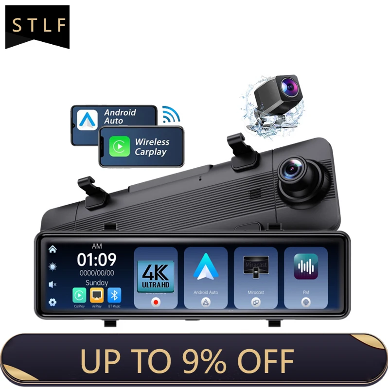 

11 Inch 4K 3840x2160P Dash Cam Rearview Mirror with Carplay Android Auto WiFi Loop Recording Phone APP Car DVR