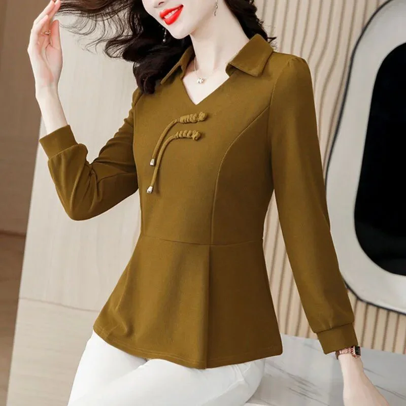 

Fashion New Chinese Style Spring Temperament Women's Base Shirt New Fashionable Small Mother Long Sleeve Solid Color Top